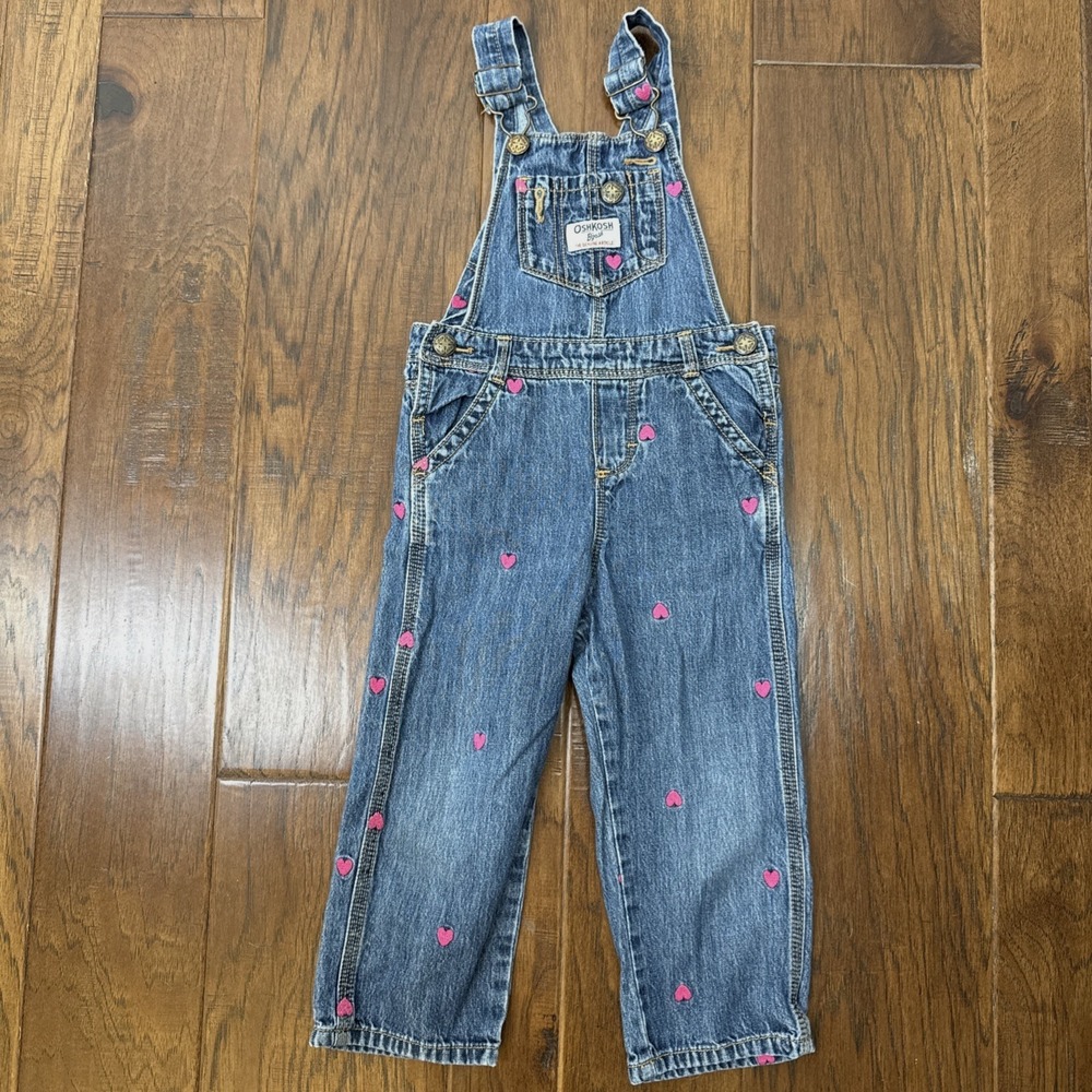 OshKosh B'gosh Vestbak Denim Jean Overalls Toddler Girls‎ 2T Pink Hearts Western
